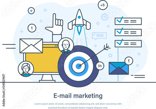 Email and messaging marketing, strategic campaign web banner. Promotion of commercial products or services through email. Successful strategy for attracting customers with email newsletters