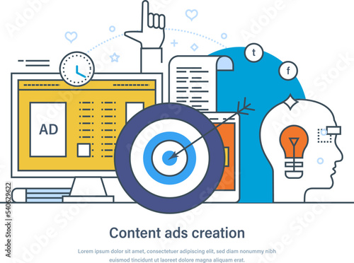 Adc content creation digital marketing, management web banner. Conducting researches, generating strategic ideas process to create written or visual content for blog, video