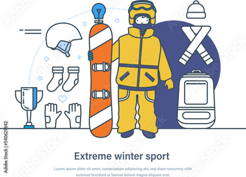 Extreme winter sport, snowboarding equipment web banner. Snowboarder in warm winter outfit, sports equipment and sportswear. Outdoor winter sports activities thin line design