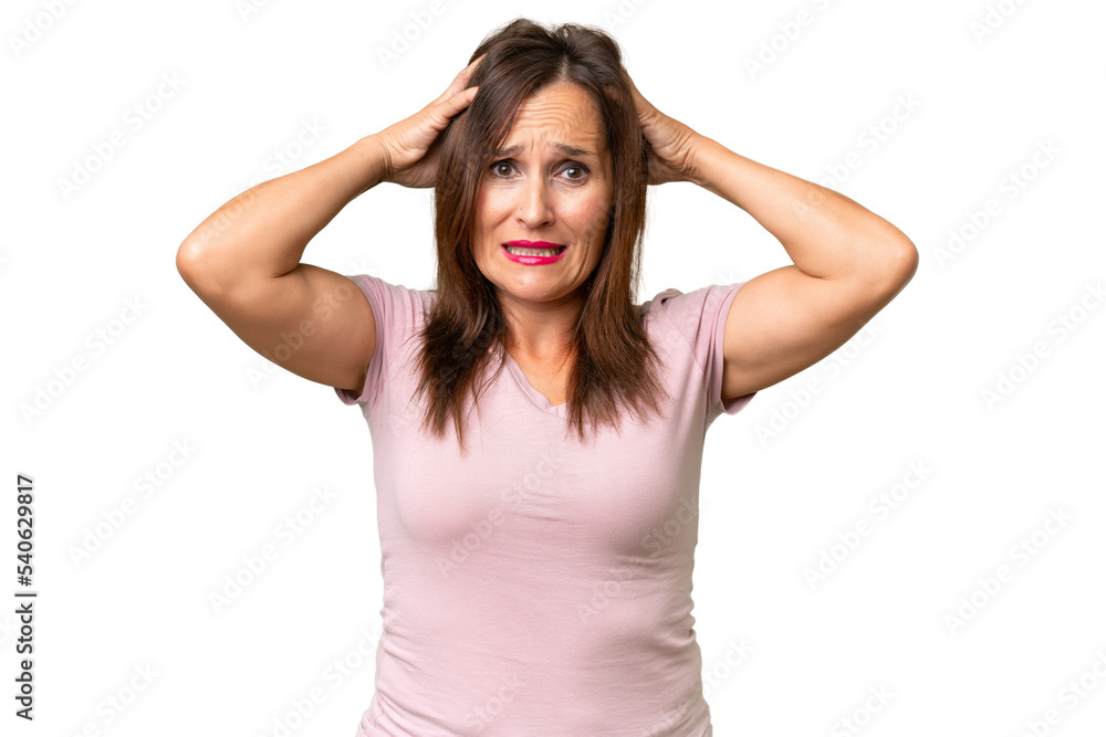 Middle-aged caucasian woman over isolated background doing nervous gesture Middle-aged caucasian woman over isolated background doing nervous gesture