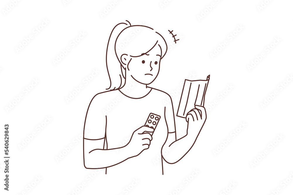 Distressed woman read tablet prescription Distressed woman read tablet prescription