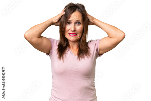 Middle-aged caucasian woman over isolated background doing nervous gesture