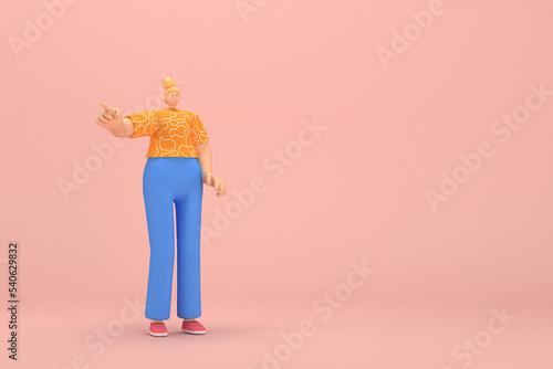 The woman with golden hair tied in a bun wearing blue corduroy pants andOrange T-shirt with white stripes. She is expression of hand when talking. 3d illustrator of cartoon character in acting.