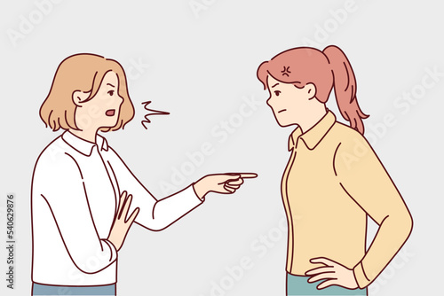 Angry women fighting or quarrelling. Mad furious girls blame each other, making guilty. Anger and misunderstanding. Vector illustration. 