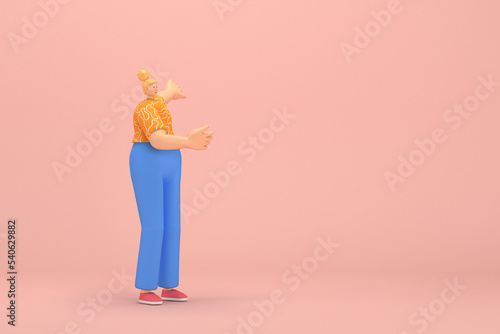 The woman with golden hair tied in a bun wearing blue corduroy pants andOrange T-shirt with white stripes. She is expression of hand when talking. 3d illustrator of cartoon character in acting.