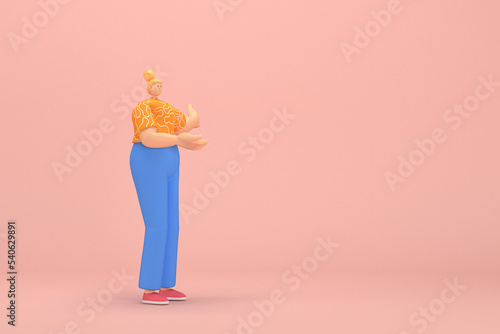 The woman with golden hair tied in a bun wearing blue corduroy pants andOrange T-shirt with white stripes. She is expression of hand when talking. 3d illustrator of cartoon character in acting.