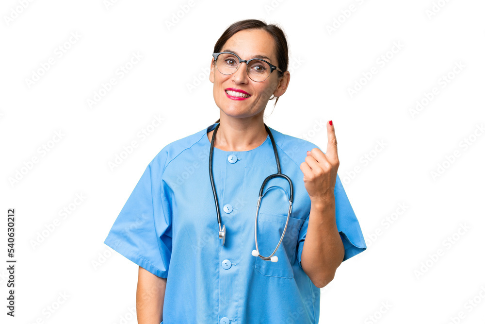 Middle-aged nurse woman over isolated background pointing with the index finger a great idea Middle-aged nurse woman over isolated background pointing with the index finger a great idea