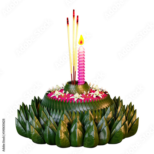 Beautiful Krathong Baitong lanterns from Thailand's Loy Krathong Festival, made in 3D and set against a white background.