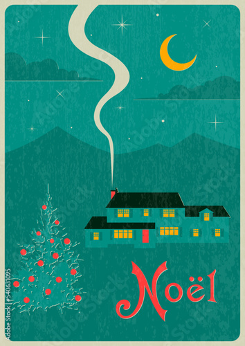 Mid Century Modern Christmas Card With A Christmas Tree. Retro Style Grunge Noel Winter Holidays Celebration Illustration
