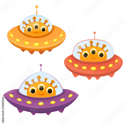Cute smiling aliens characters fly on their space transport, 3 bright illustrations in cartoon style