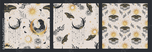 Boho aesthetic, spiritual symbols seamless pattern set with butterflies, women, crescents, herbs, sun and constellations. Bohemian style backgrounds.