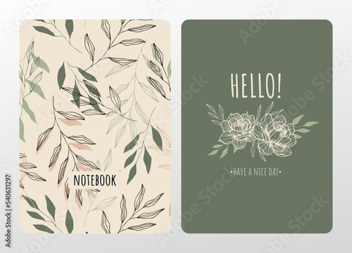 Cover design with floral pattern. Hand drawn plants. Scandinavian artistic background with herbs. Invitation, greeting card, cover book, notebook. Size A4. Vector illustration