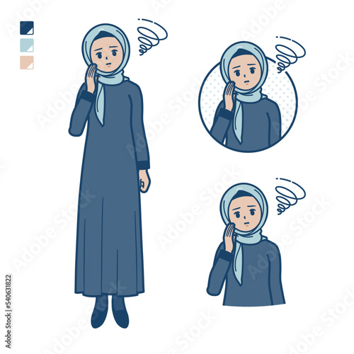 ヒジャブを身につけたアラビア人女性が困っているイラスト