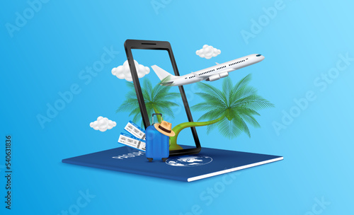 Air ticket, luggage blue, hat coconut tree on passport. Airplane is float away from smartphone with cloud. Can for making advertising media about tourism. Travel transport concept. 3D Vector EPS10.