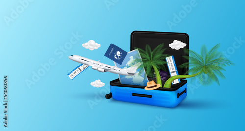 Airplane, ticket passport is float away from luggage blue with cloud. Coconut tree and map side inside. For making advertising media tourism. Travel transport concept. 3D Vector.