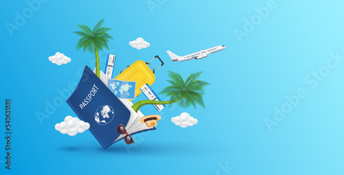 Luggage blue, air ticket float away from passport with airplane is taking off and cloud. Can for making advertising media about tourism. Travel transport concept. 3D Vector EPS10.