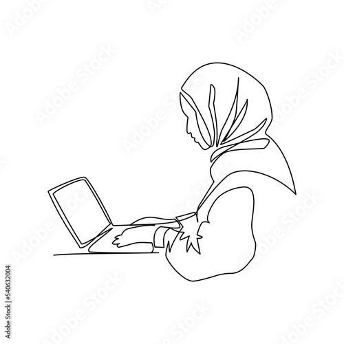 Vector illustration of a girl with a laptop drawn in line-art style