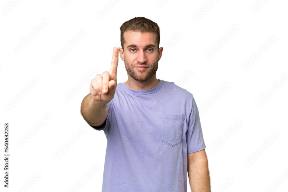 Young handsome caucasian man isolated on green chroma background counting one with serious expression Young handsome caucasian man isolated on green chroma background counting one with serious expression