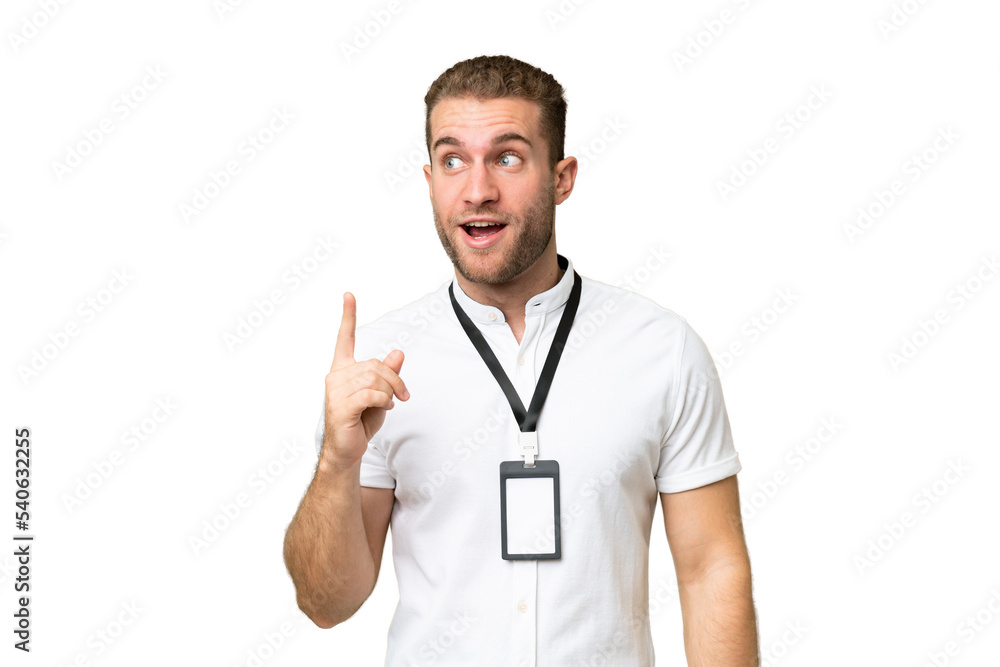 Young caucasian man with ID card isolated on green chroma background thinking an idea pointing the finger up Young caucasian man with ID card isolated on green chroma background thinking an idea pointing the finger up