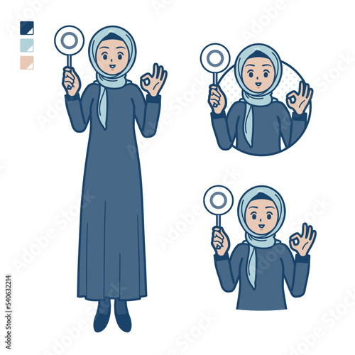 ヒジャブを身につけたアラビア人女性がマル印パネルを出すイラスト