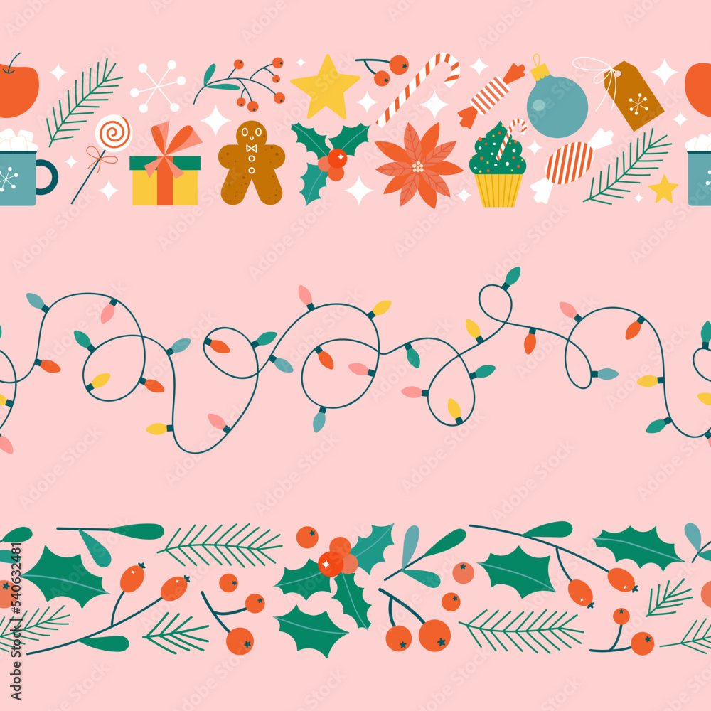 Christmas cute seamless border set. Simple flat xmas objects - lights, gifts, flowers and baubles. Festive bright line dividers for Christmas decoration.