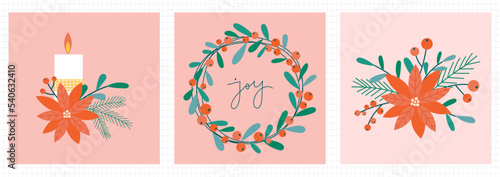 Christmas floral arrangement set with candle, poinsettia, wreath and red berries. Retro flat Xmas flower compositions. Design element for Christmas invitation, greeting card or flyer.