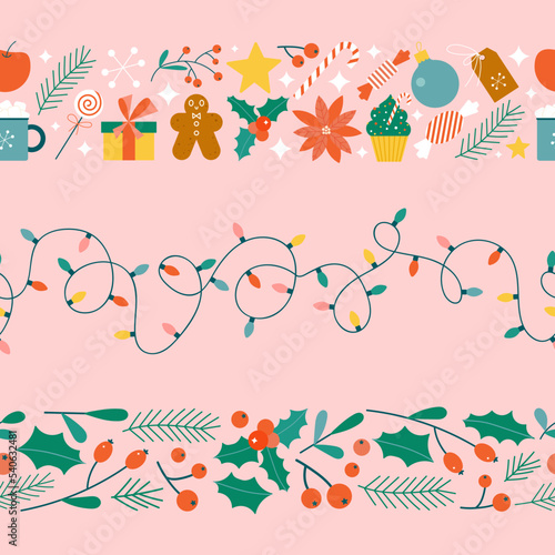 Christmas cute seamless border set. Simple flat xmas objects - lights, gifts, flowers and baubles. Festive bright line dividers for Christmas decoration.