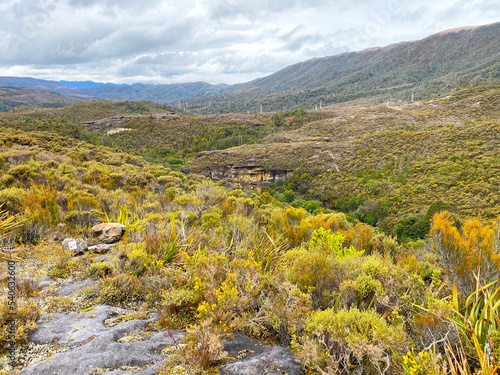 The remote and desolate landscape at the Denniston Plateau site of a historic coal mine and township, West Coast, New Zealand