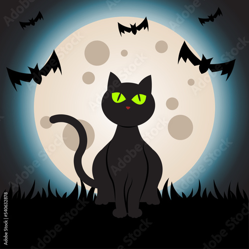 black cat with full moon and bats Halloween background