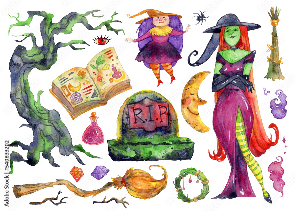 Witchcraft design elements set. Witch, gravestone, broomstick, withered ...