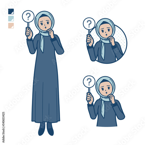 ヒジャブを身につけたアラビア人女性がクエスチョン印パネルを出すイラスト