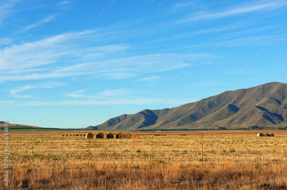 Scenic blue shaded mountain range and dry farmland under bright blue autumn sky in scenic Mackenzie District, South Canterbury, New Zealand