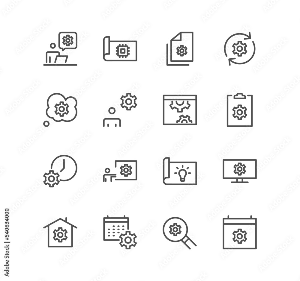 Set of engineering and gear icons, idea, tools, blueprint, gearwheel and linear variety vectors. Set of engineering and gear icons, idea, tools, blueprint, gearwheel and linear variety vectors.