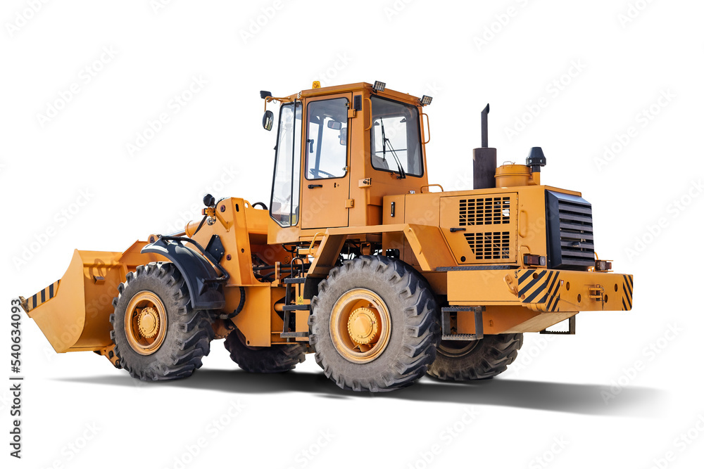 Heavy front loader or bulldozer on a white isolated background. construction machinery. Transportation and movement of bulk materials. Large bucket for earth, sand and gravel.