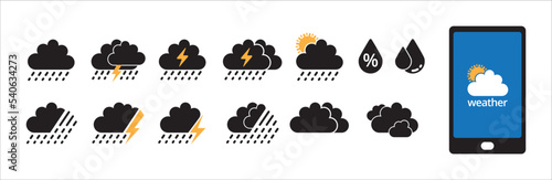 Weather icon set. Weather forecast icons for web. Simple flat symbol design for application and website button. Vector illustration. Contain symbols of humidity, phone, cloud, rain, storm. Black color