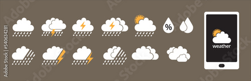 Weather icon set. Weather forecast icons for web. Simple flat symbol design for dark background application and website button. Vector illustration. Contain symbols of humidity, cloud, rain and storm.