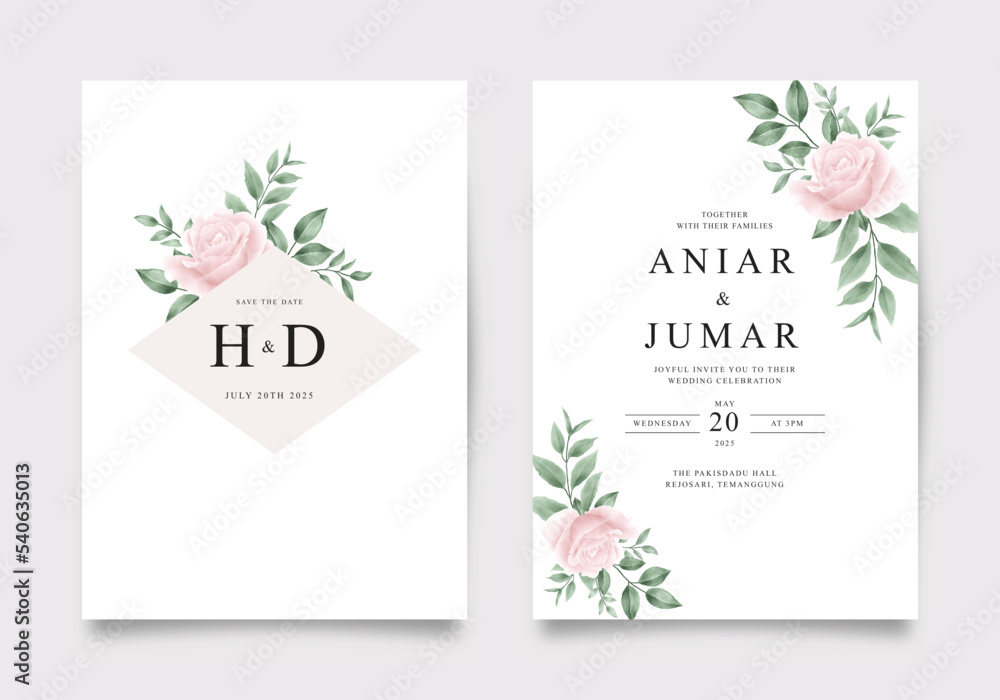 Wedding invitation set with roses and watercolor green leaves