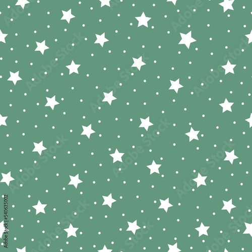 Seamless pattern white stars and dots on a green background. Vector background. Fashionable print for textiles and wallpaper.