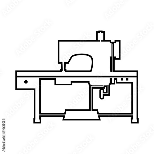 Black line industrial sewing machine for sew fabric cloth on white background outline icon flat vector design.