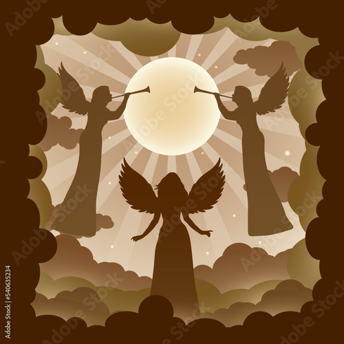 Silhouette angel celebrating christmas. Angel blows trumpet on Christmas Day. Merry Christmas Greeting Card