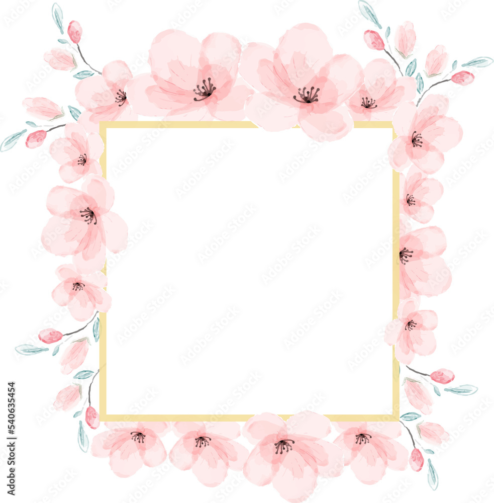 pink watercolor cherry blossom golden frame