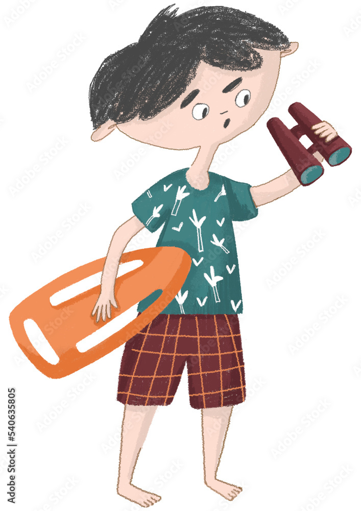 Summer. Boy on the beach. Rescuer boy. Children's illustration. Picture for children. Rescuer profession. Summer season. Alphabet. Summer. Boy on the beach. Rescuer boy. Children's illustration. Picture for children. Rescuer profession. Summer season. Alphabet.