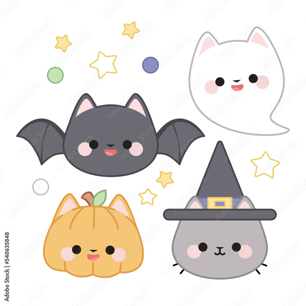 A set of a gray cat in a witch's hat, a pumpkin cat, a ghost cat and a cat bat with stars and green and purple dots. A set of a gray cat in a witch's hat, a pumpkin cat, a ghost cat and a cat bat with stars and green and purple dots.