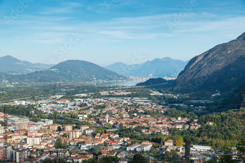 City of Gravellona Toce, Italy, seen from above with Lake Maggiore in the background. Province of Verbano Cusio Ossola in Piedmont region