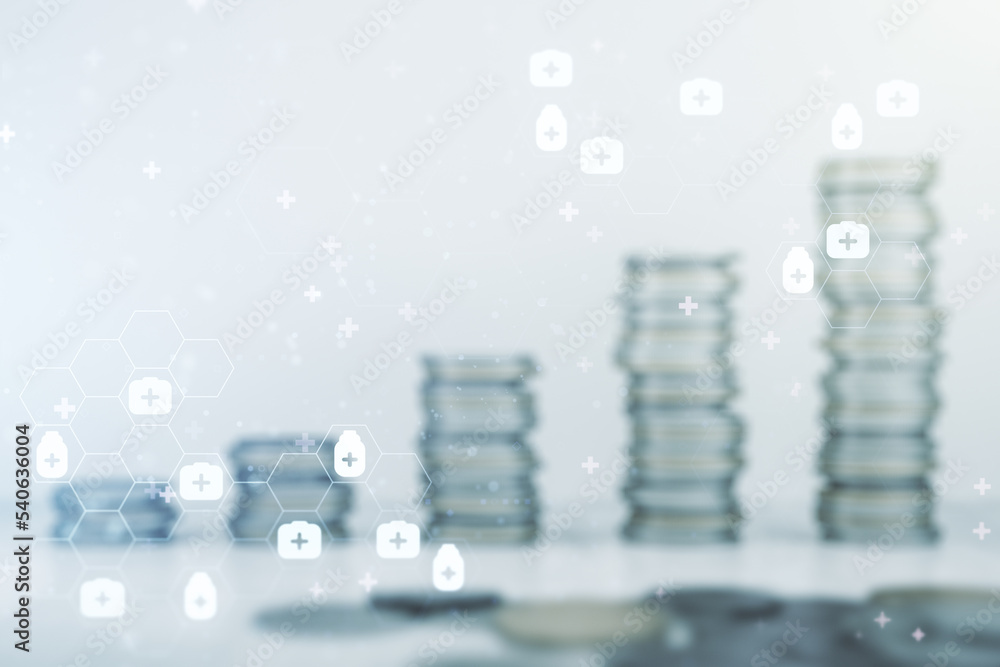 Abstract virtual medical illustration on stacks of coins background. Medicine and healthcare concept. Multiexposure Abstract virtual medical illustration on stacks of coins background. Medicine and healthcare concept. Multiexposure