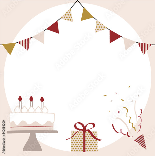 ガーランドとケーキ、プレゼント、クラッカーのパーティーフレーム