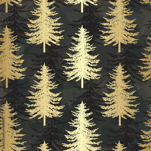 Christmas tree seamless pattern. Noel gold on black print, New year winter decoration, golden christmas background with firs and snowflakes, wallpaper, wrapping paper design