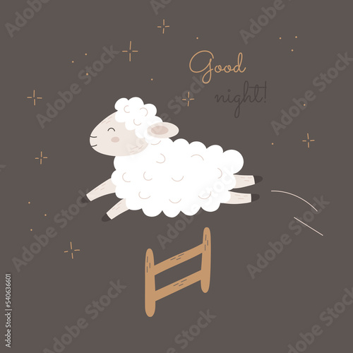 Cute vector sheep jumping over a fence against insomnia. Counting lamb to fall asleep children illustration. Flat animal design with lettering good night for kids postcards, clothing, posters, fabric