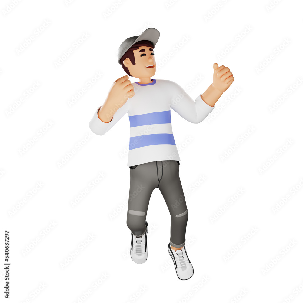 Young people in hat happy jumping 3d character illustration Young people in hat happy jumping 3d character illustration