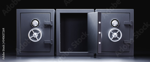 3D illustration. Three safe deposit boxes with one door open.